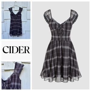 Cider Check V-Neck Knotted Lettuce Trim Mini Dress Black‎ Short Sleeves Size XS